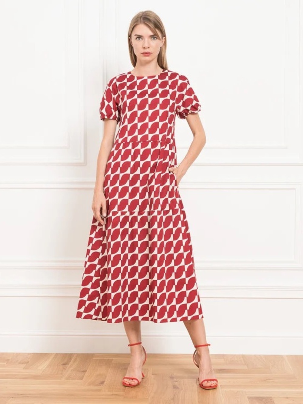 Max Mara Tebe Tier Midi Dress 4 Wine & White Geo